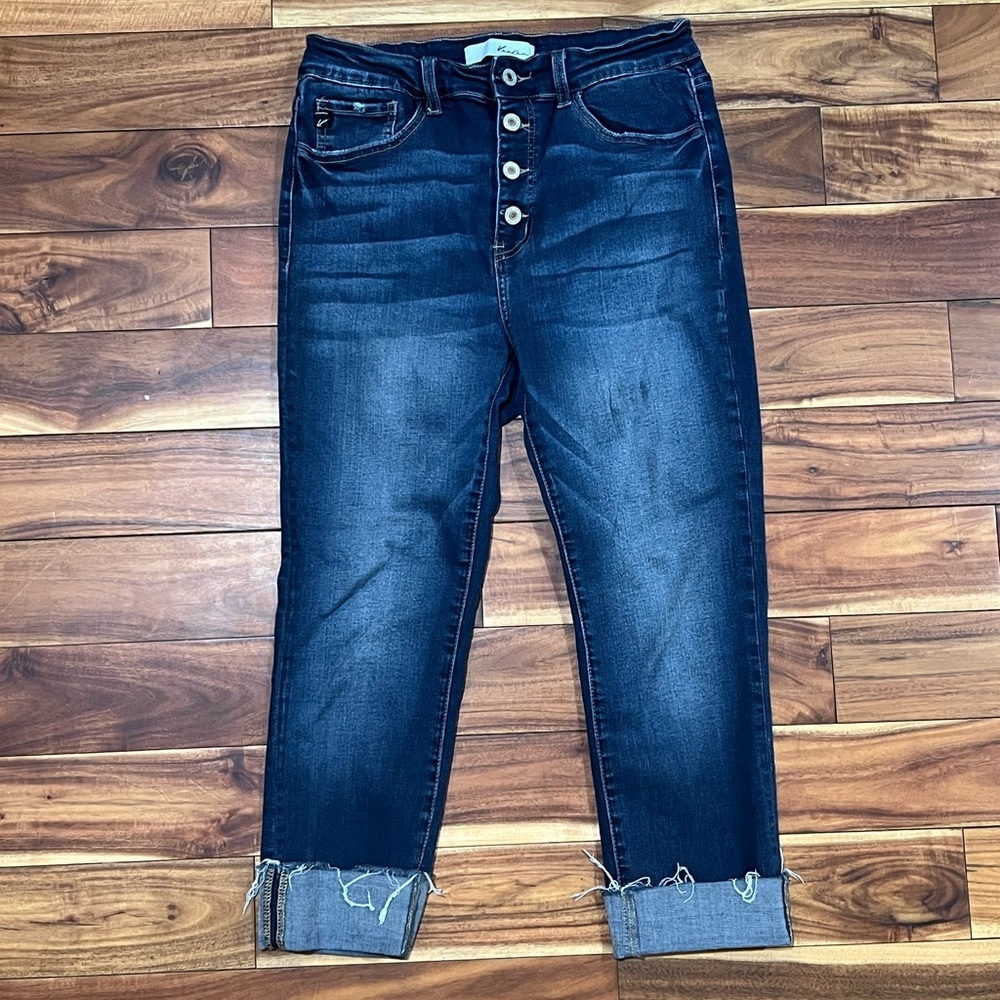 KanCan 31 High Rise Distressed Dark Denim Cuffed Cropped Cotton Blend Jeans - Picture 2 of 7